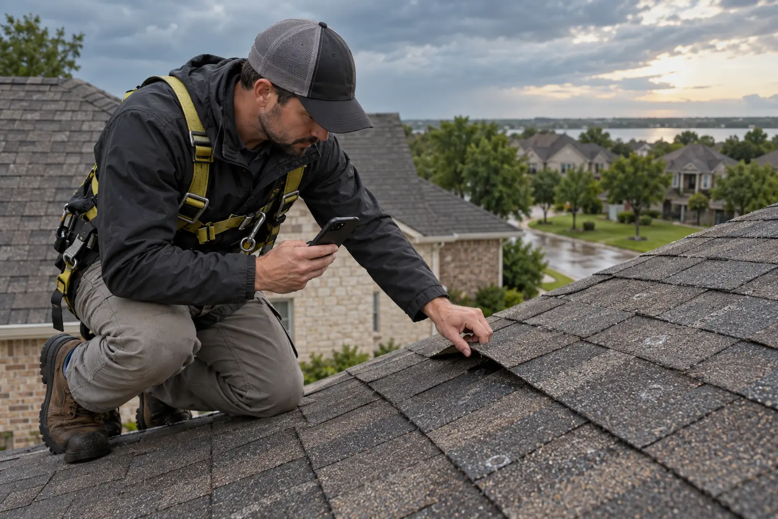 Inspector photographing lifted and bruised shingles on a roof after a hail storm