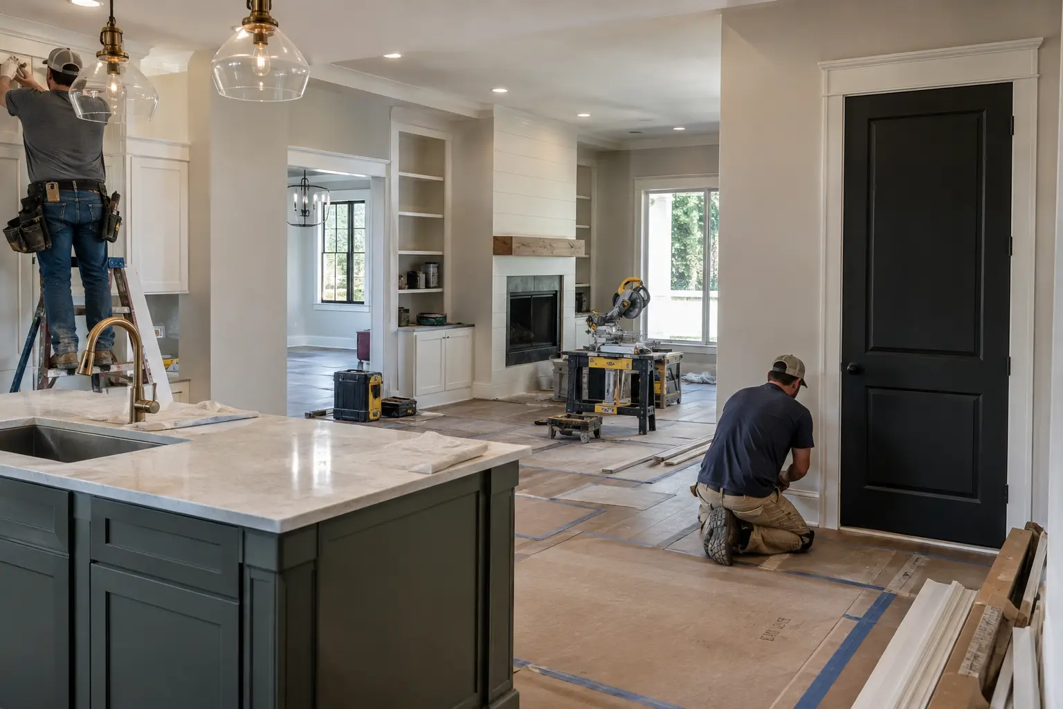 Carpenters installing trim and cabinetry during an interior remodeling project