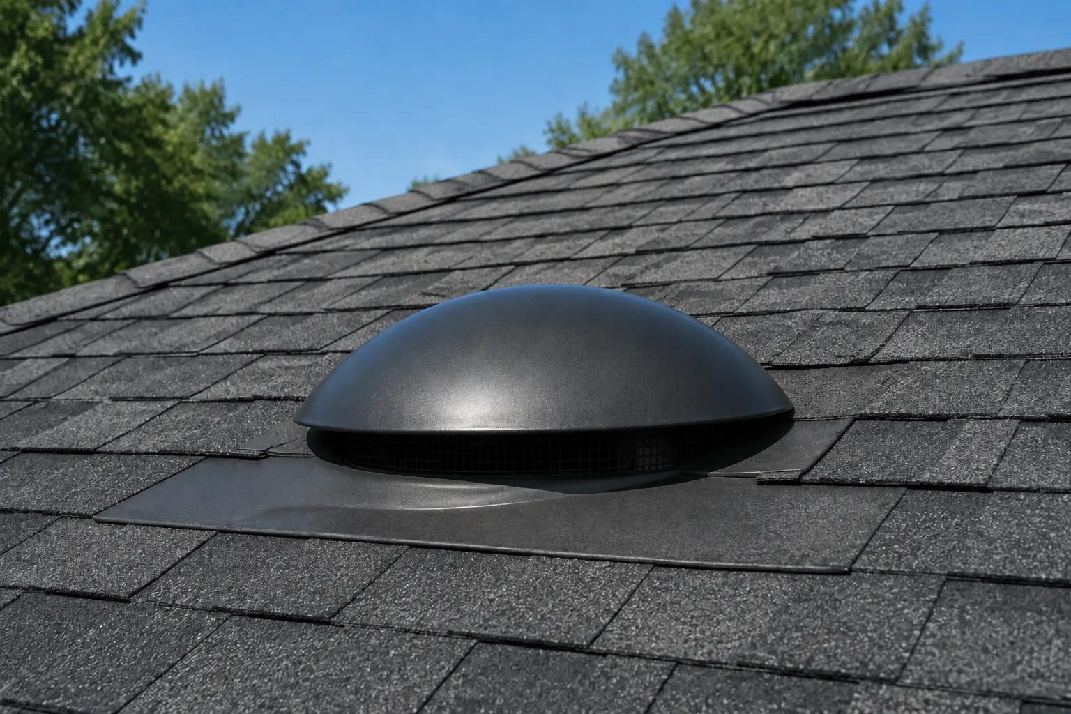 Black electrical dome vent installed on an asphalt shingle roof