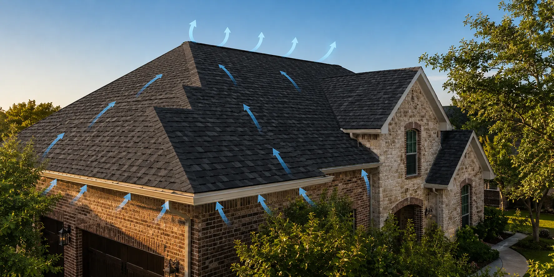 Diagram of airflow through a residential roof and attic