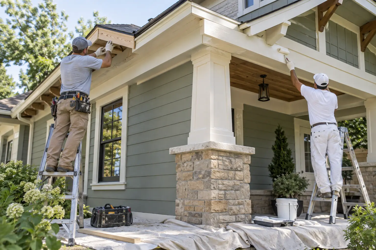 Painters repairing trim and rolling fresh paint on the fascia and porch of a home