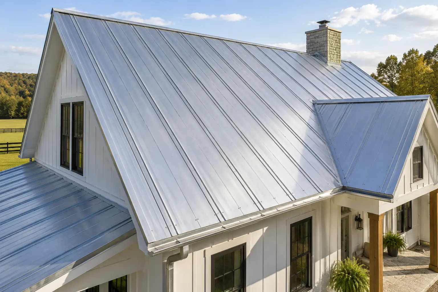 Silver 5V-crimp metal roof on a white farmhouse