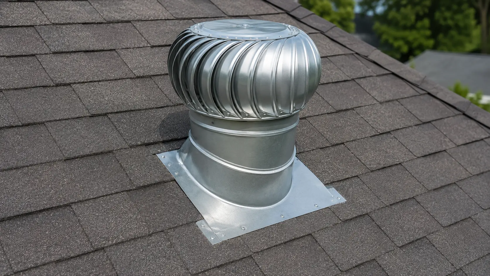 Galvanized wind turbine vent on a shingle roof