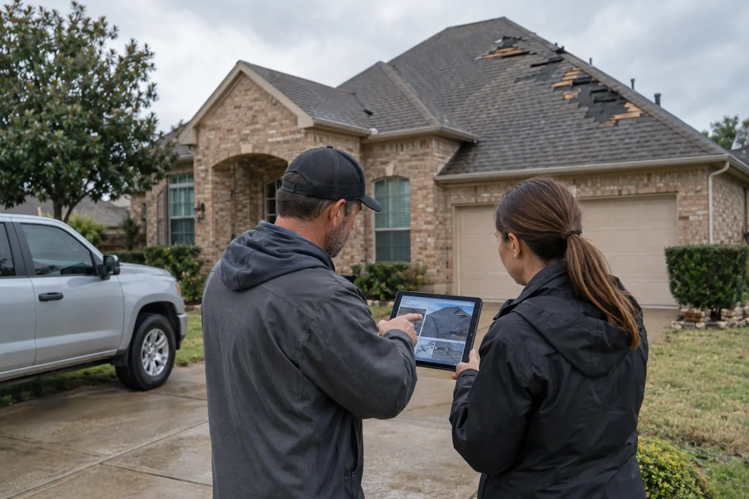 Contractor reviewing roof damage photos on a tablet with a homeowner in front of a storm-damaged house