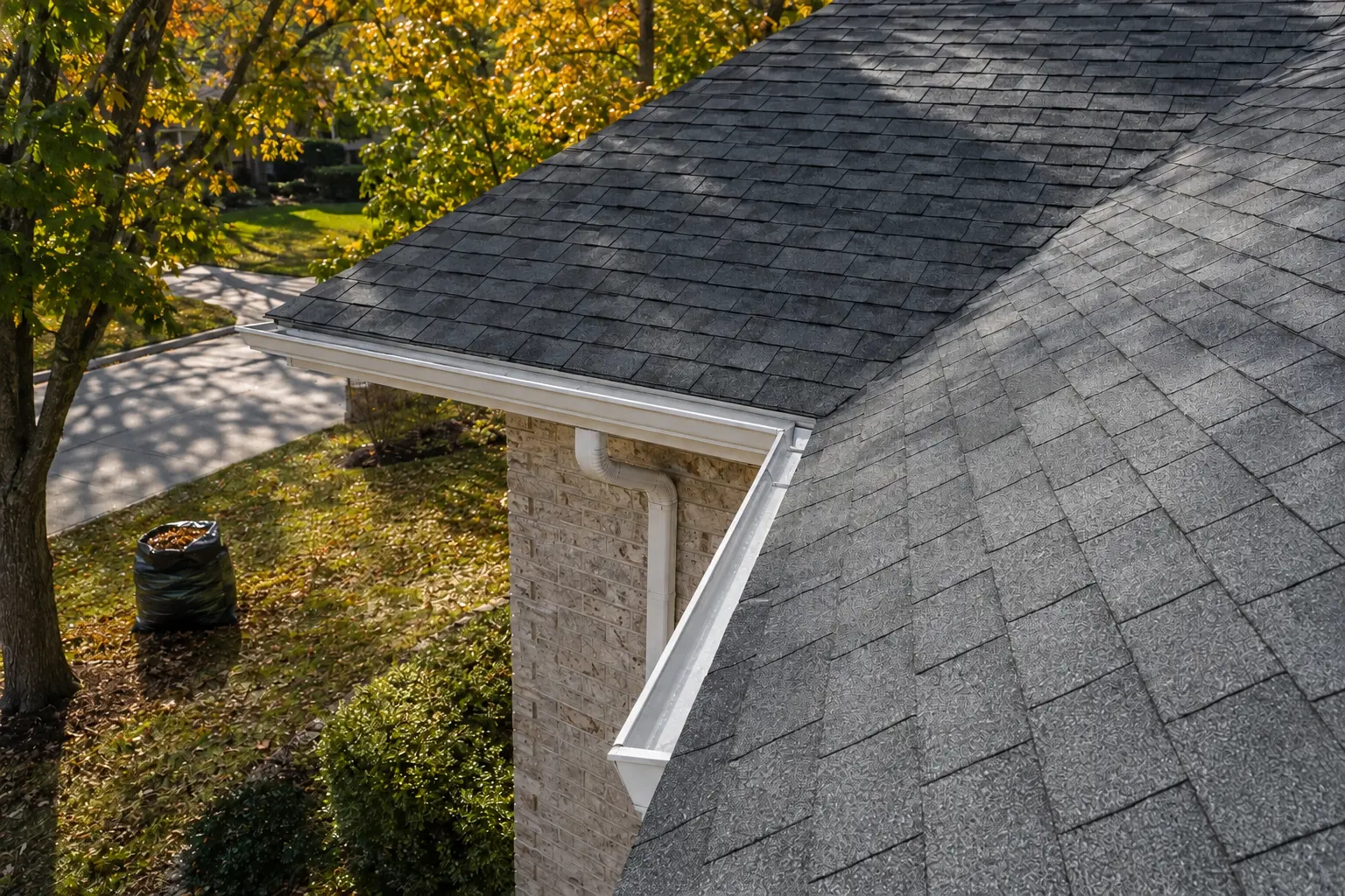 Clean asphalt shingle roof and clear gutter after a fall cleanup