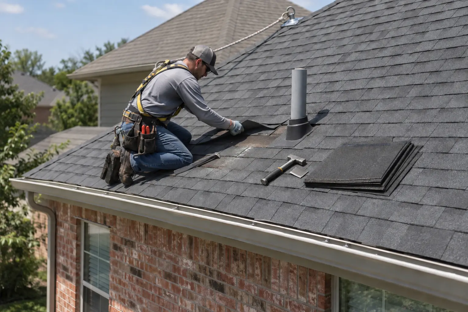 Roofer replacing damaged shingles around a pipe vent during a residential roof repair