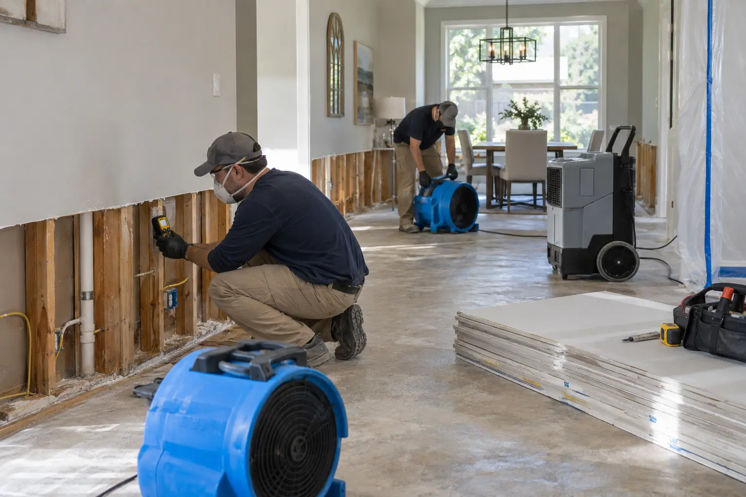 Crew checking moisture in flood-damaged walls with air movers and a dehumidifier running