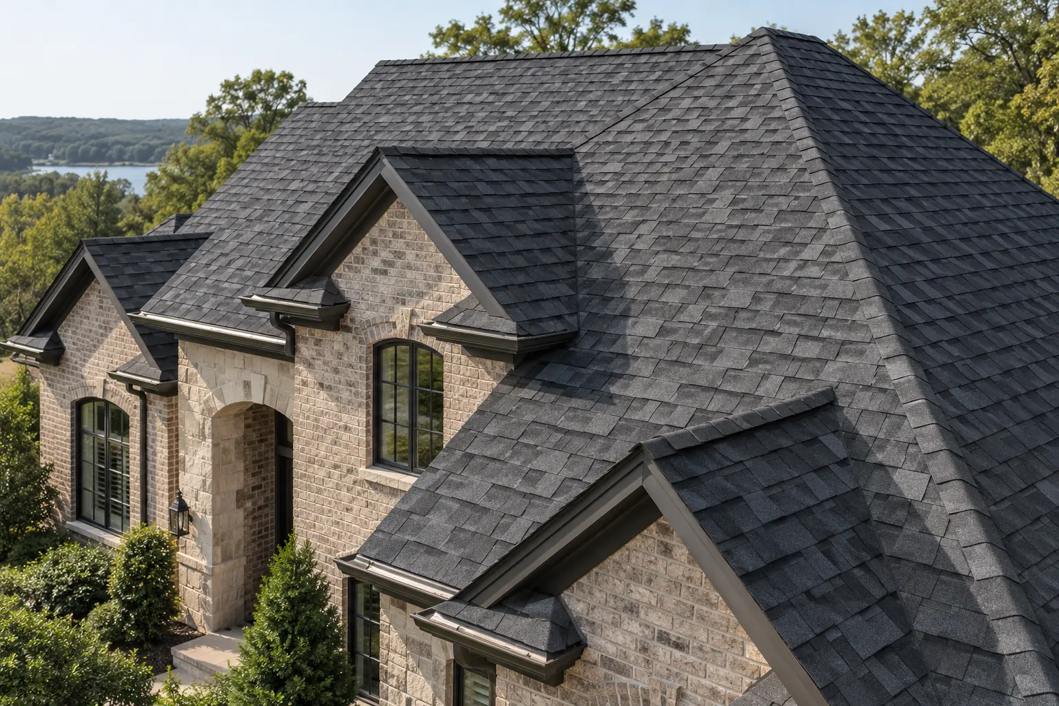 Charcoal designer asphalt shingles with pronounced layered texture