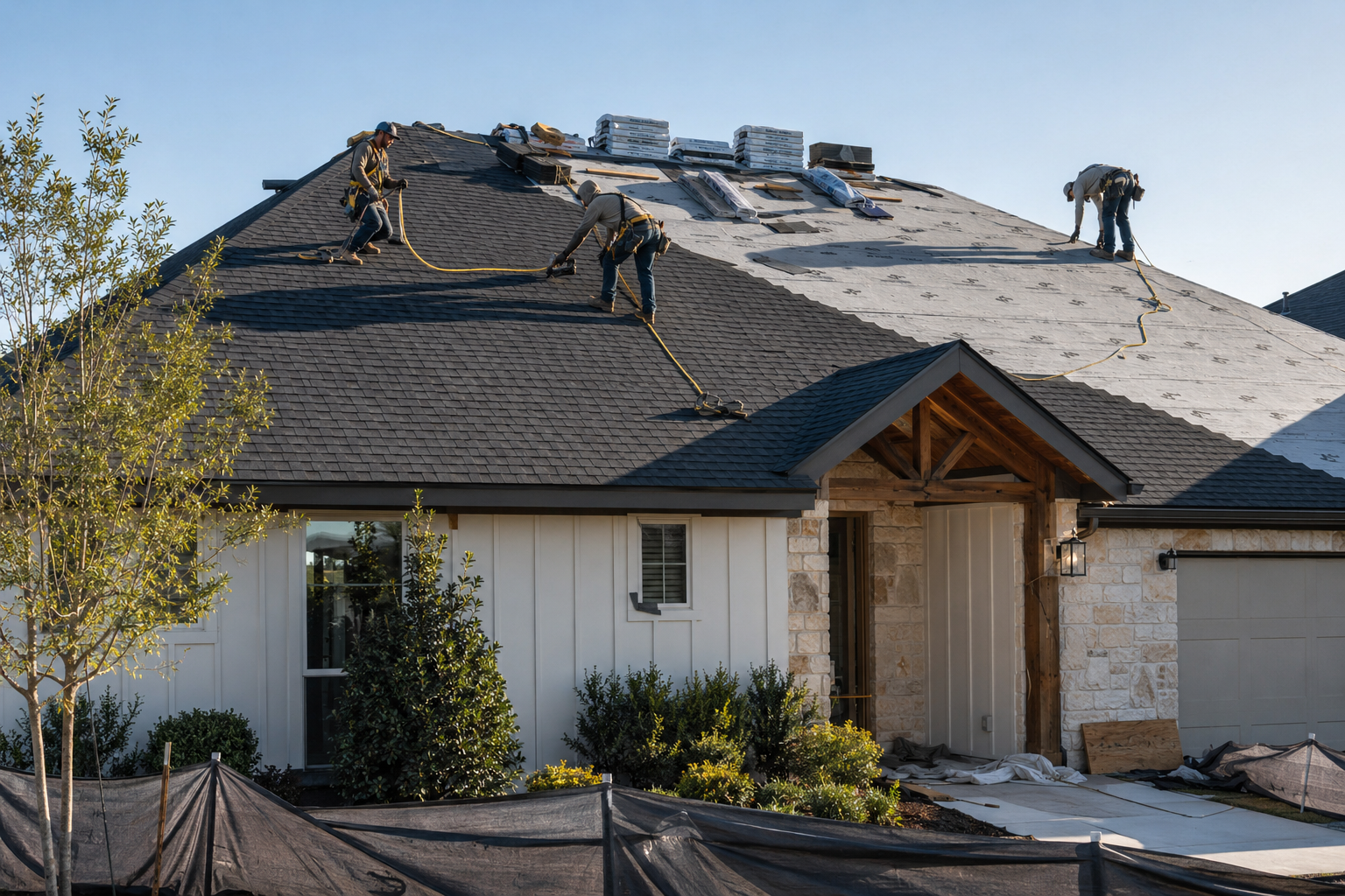 Roofing crew installing new asphalt shingles on a North Texas home