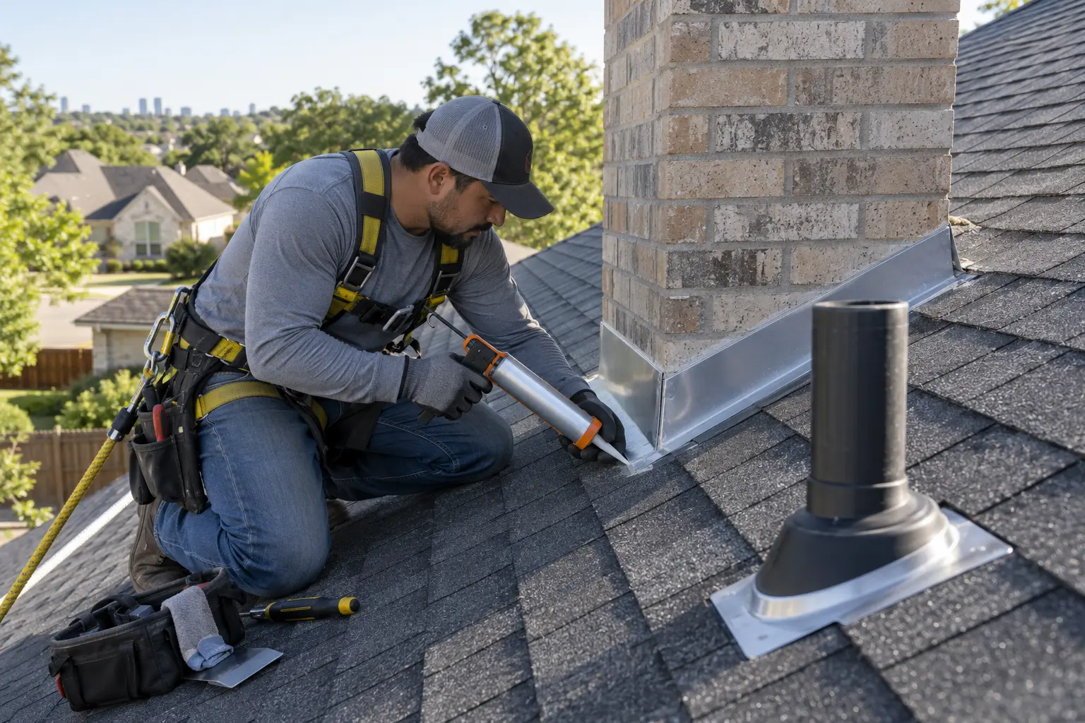Technician sealing chimney flashing and a pipe boot during a roof maintenance tune-up