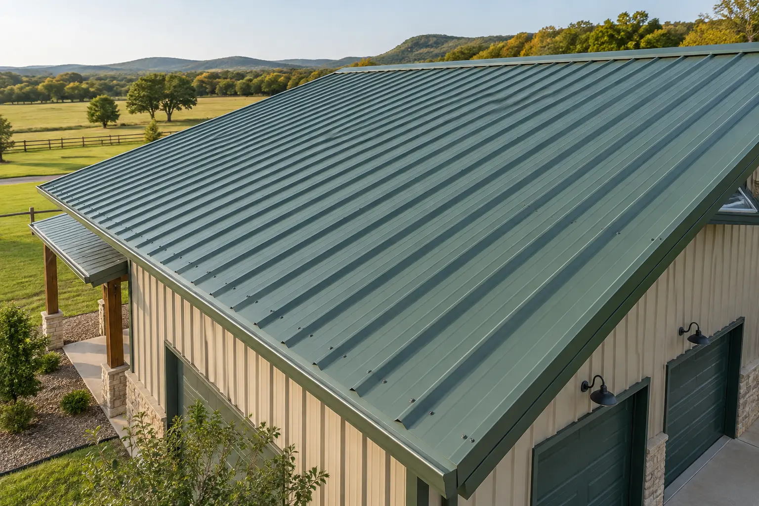 Green U-panel metal roof on a rural outbuilding