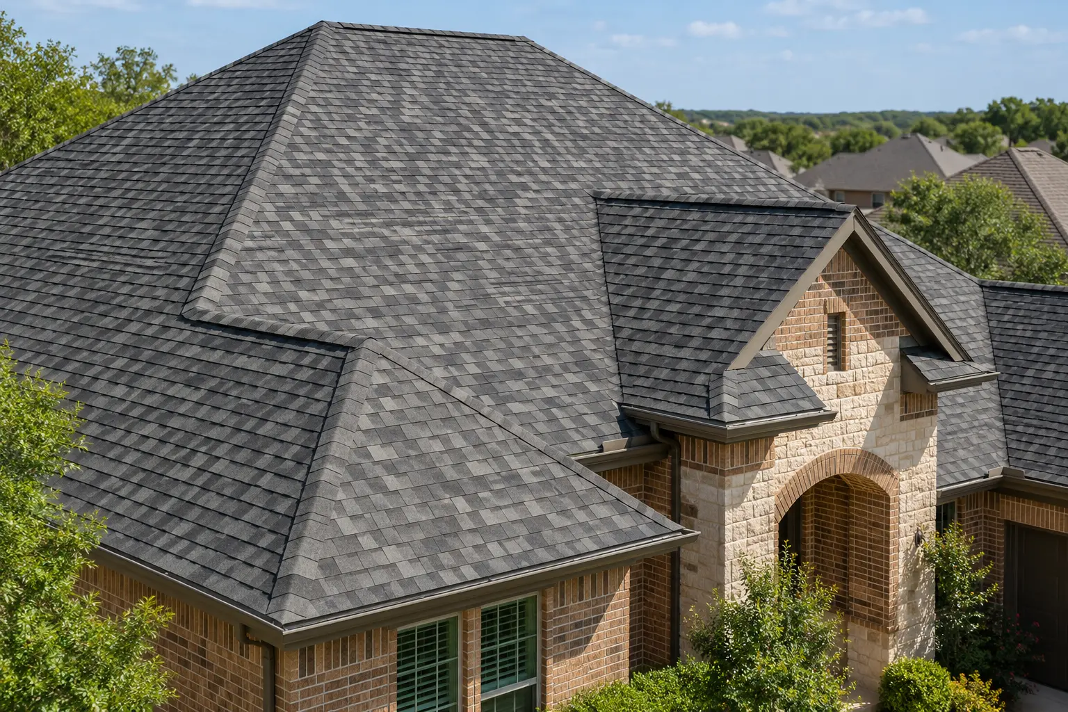 Gray asphalt shingle hip roof on a brick and stone home
