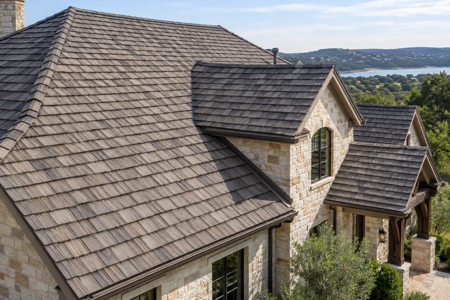 Gray-brown synthetic shake roofing with wood-grain texture