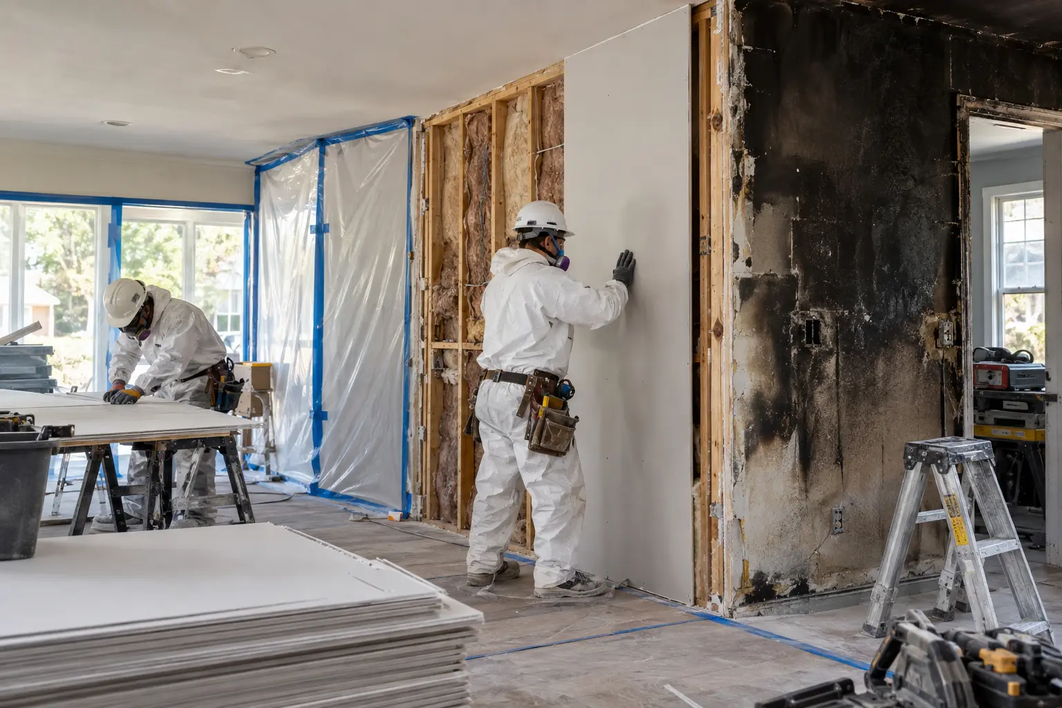Workers hanging new drywall next to fire-charred framing during fire damage reconstruction