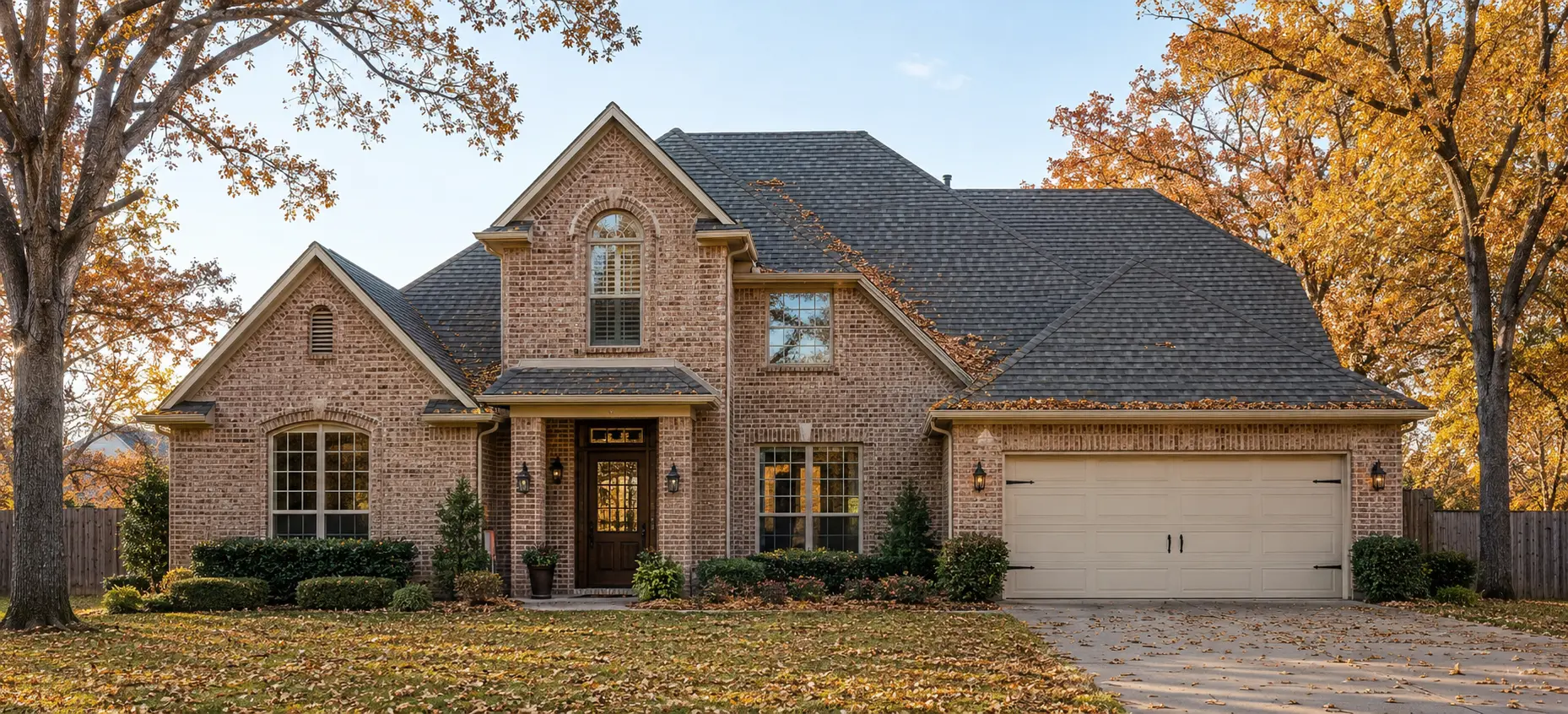Brick home surrounded by fall foliage with leaves collecting on the roof
