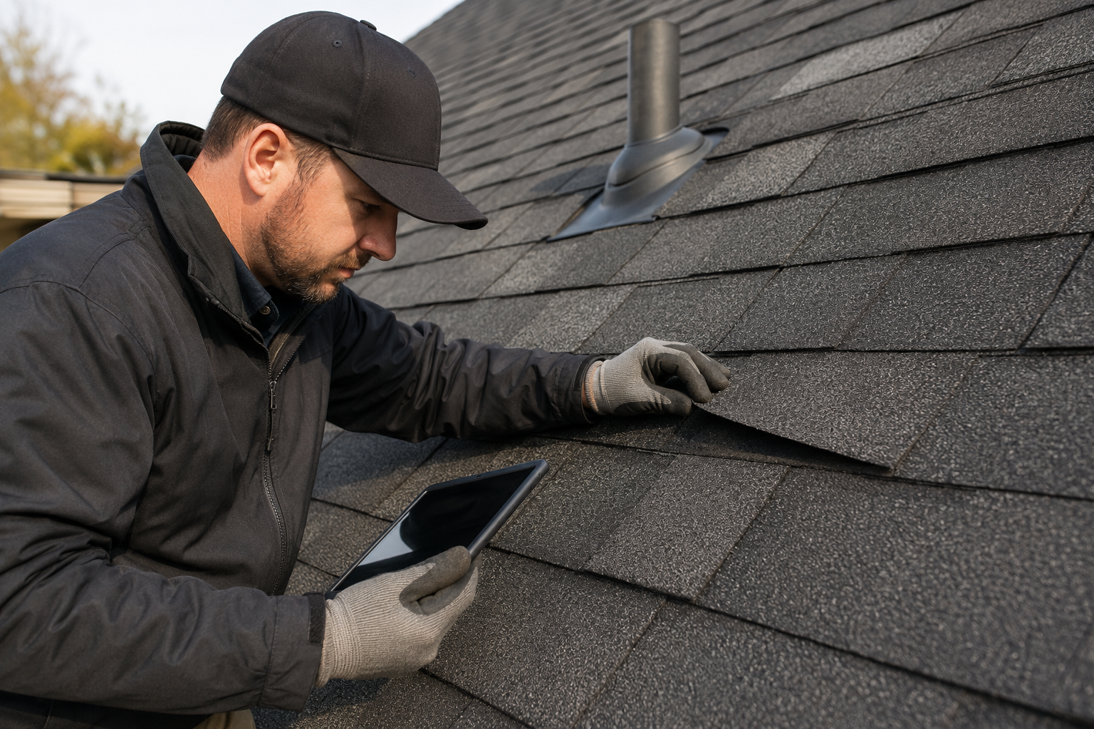Roofing professional inspecting asphalt shingles with a tablet during a documented roof inspection