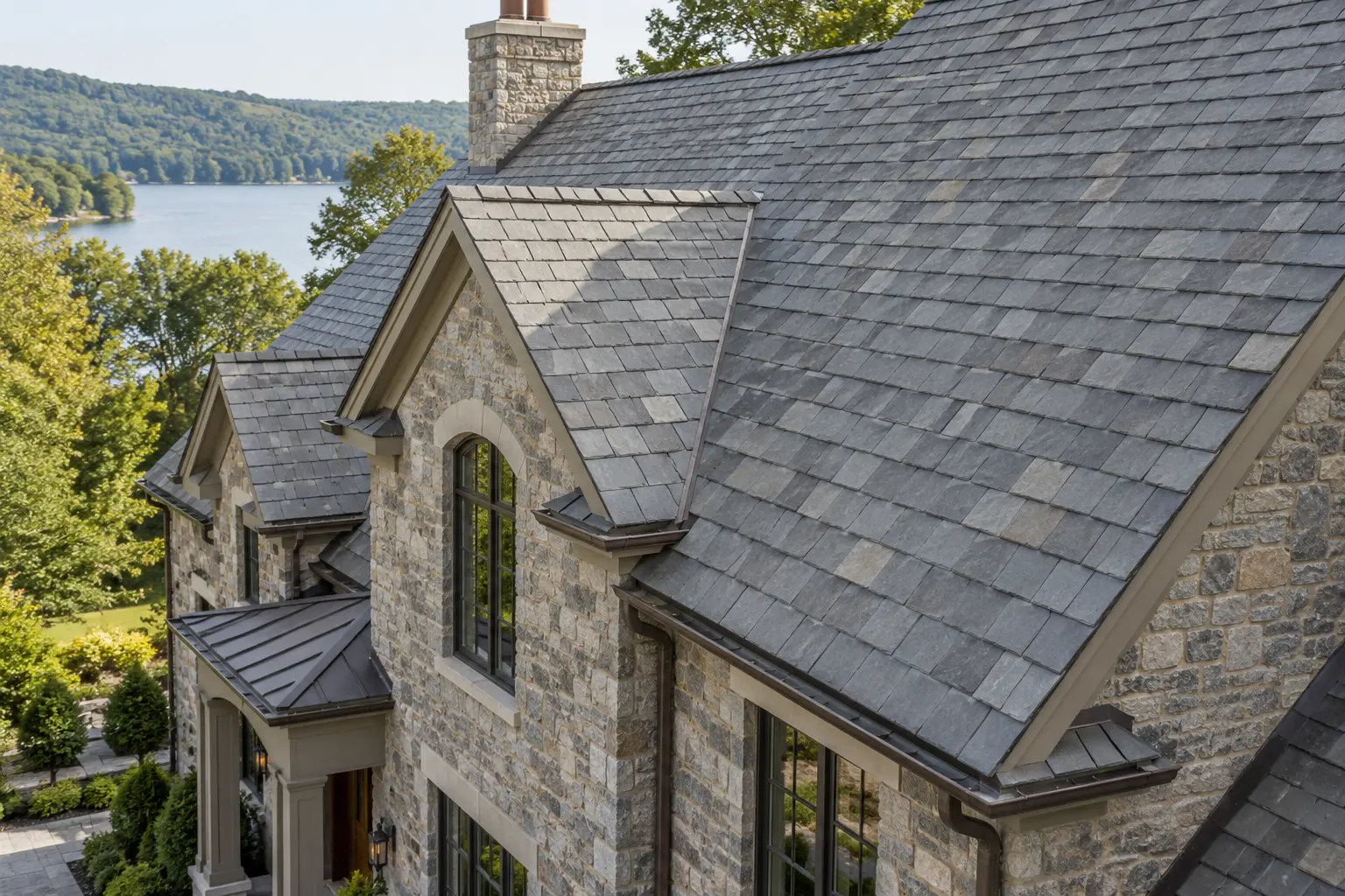 Gray natural slate roof with staggered rectangular stone tiles