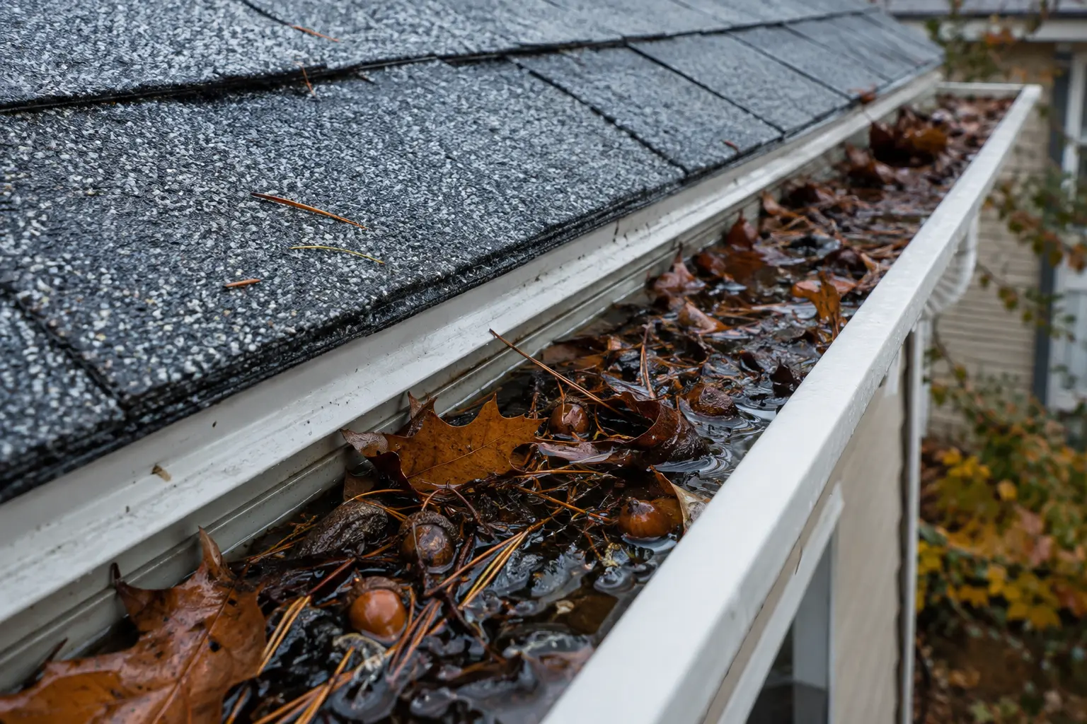 Gutter filled with wet leaves, acorns, and standing water