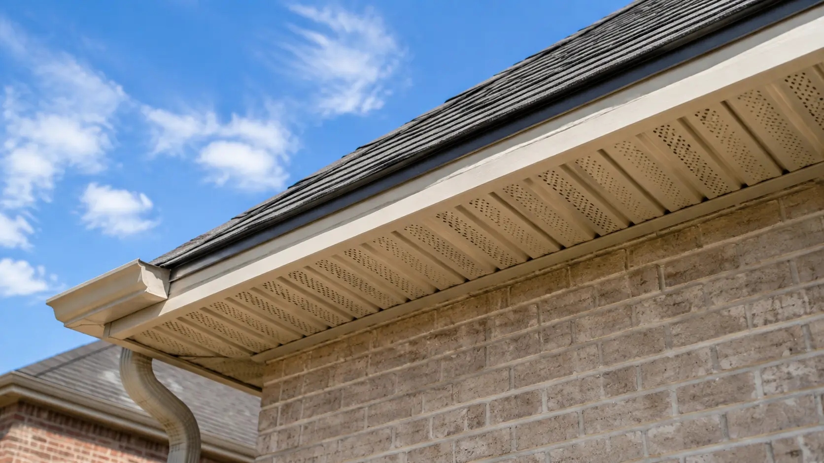 Perforated vinyl soffit panels under a roof eave