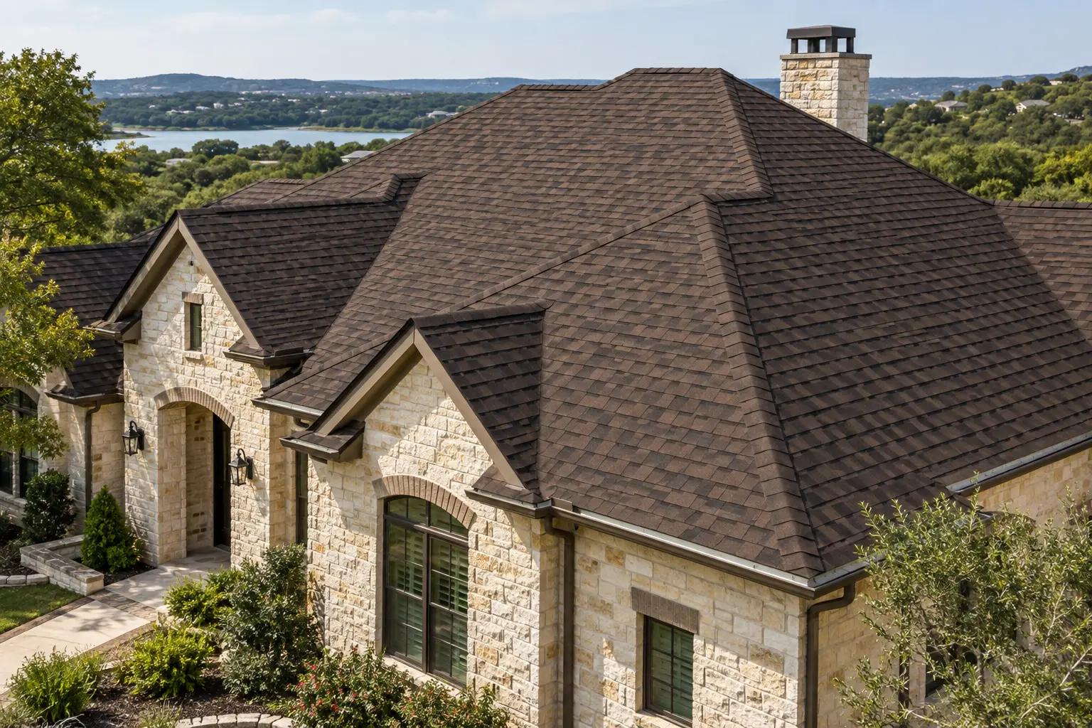 Brown asphalt shingle roof on a limestone home overlooking a lake