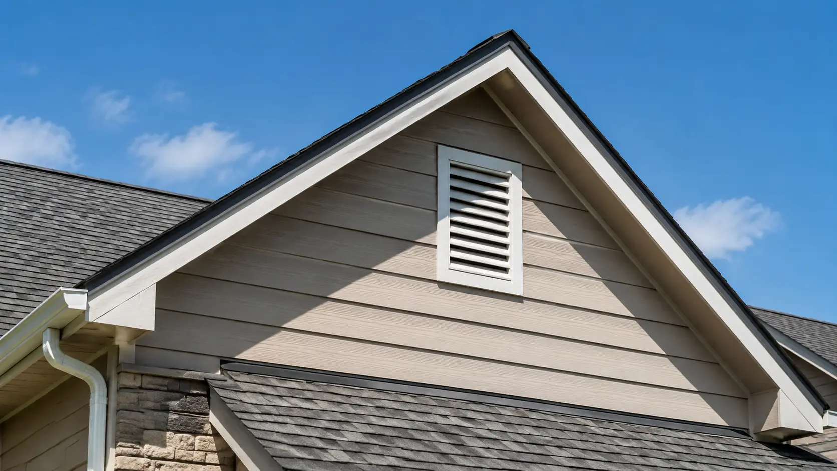 Louvered gable vent in the siding at the peak of a gable end