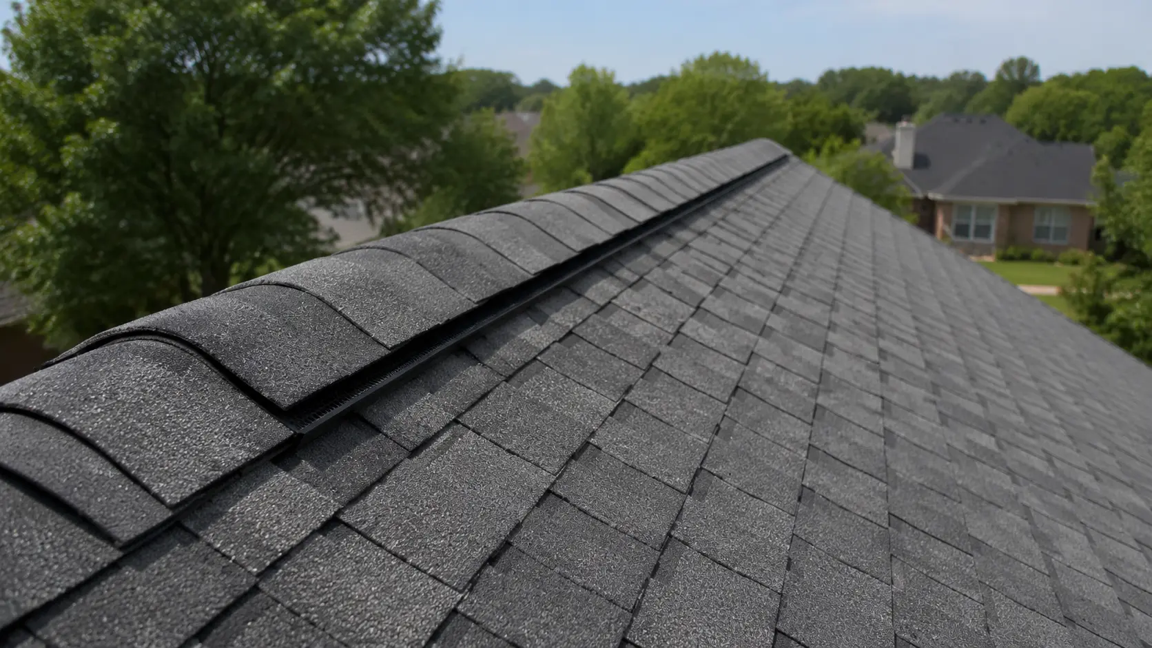 Shingle-over ridge vent running along the peak of a roof