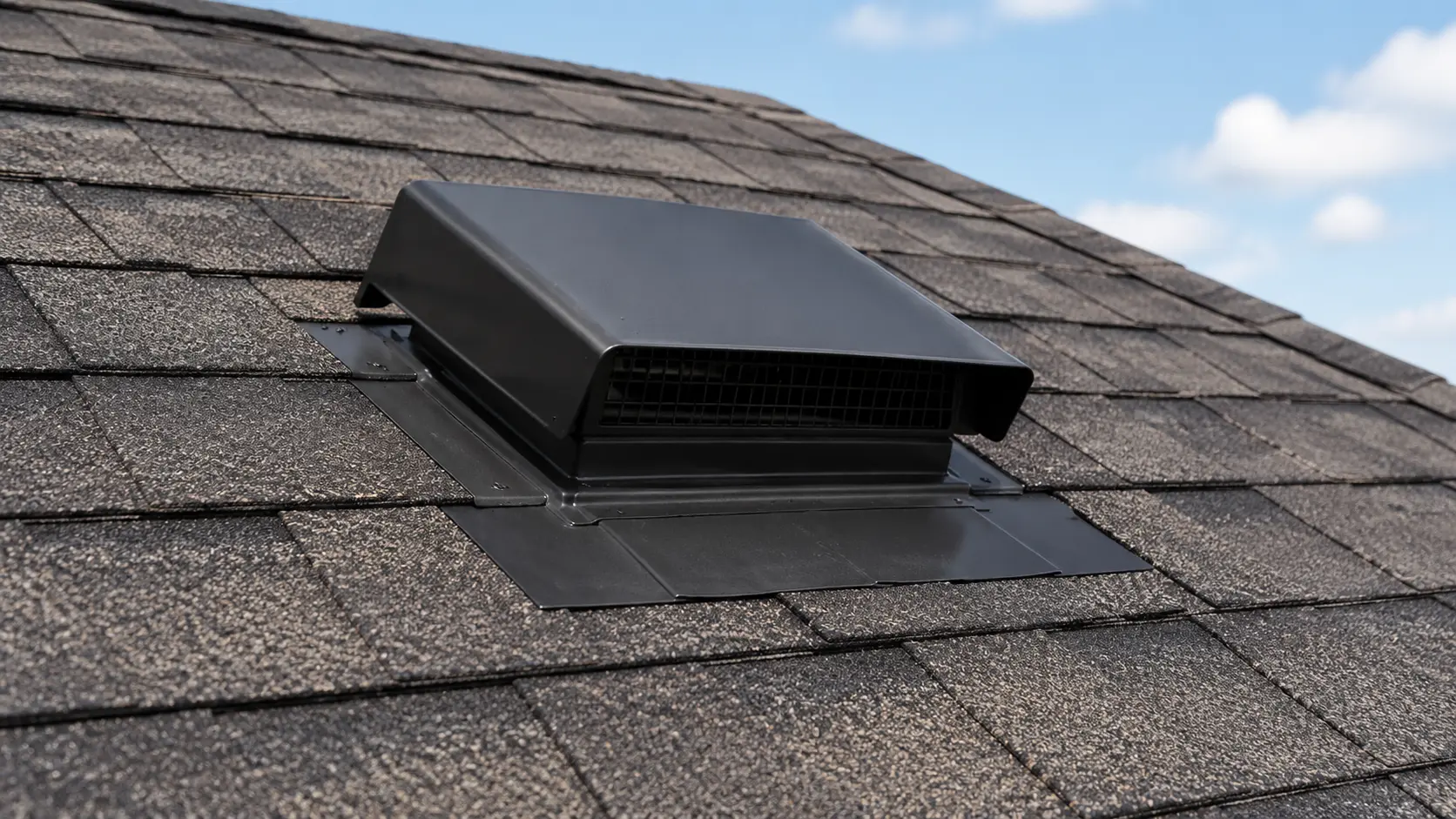 Black static box vent installed on an asphalt shingle roof