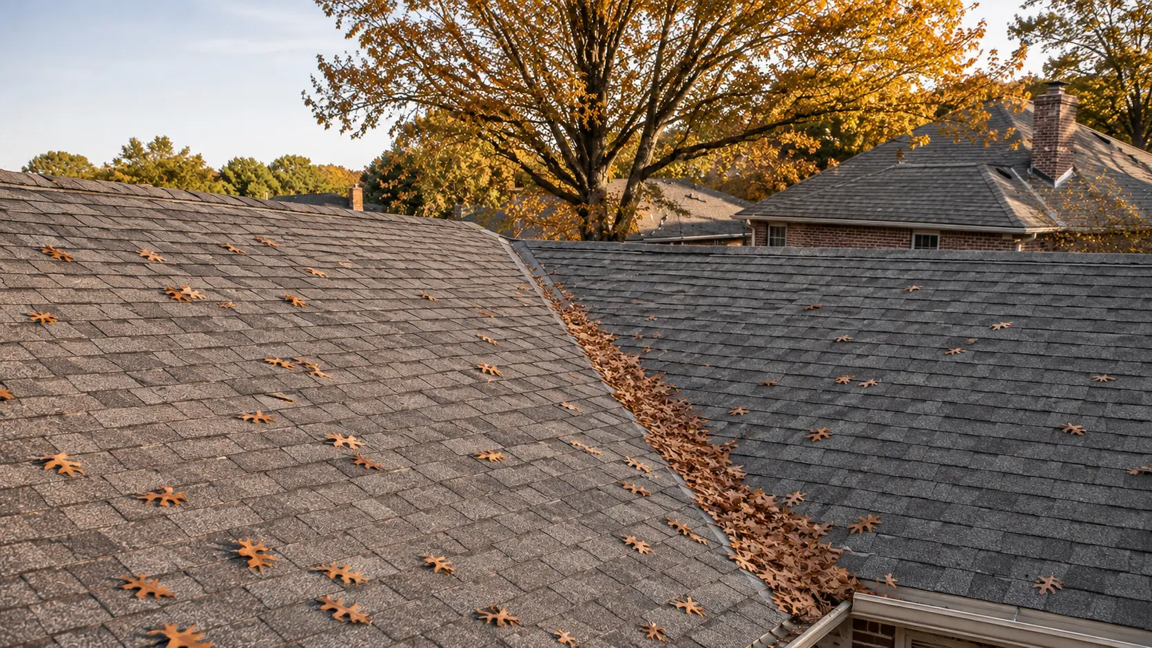 Fallen leaves accumulated in the valley of an asphalt-shingle roof
