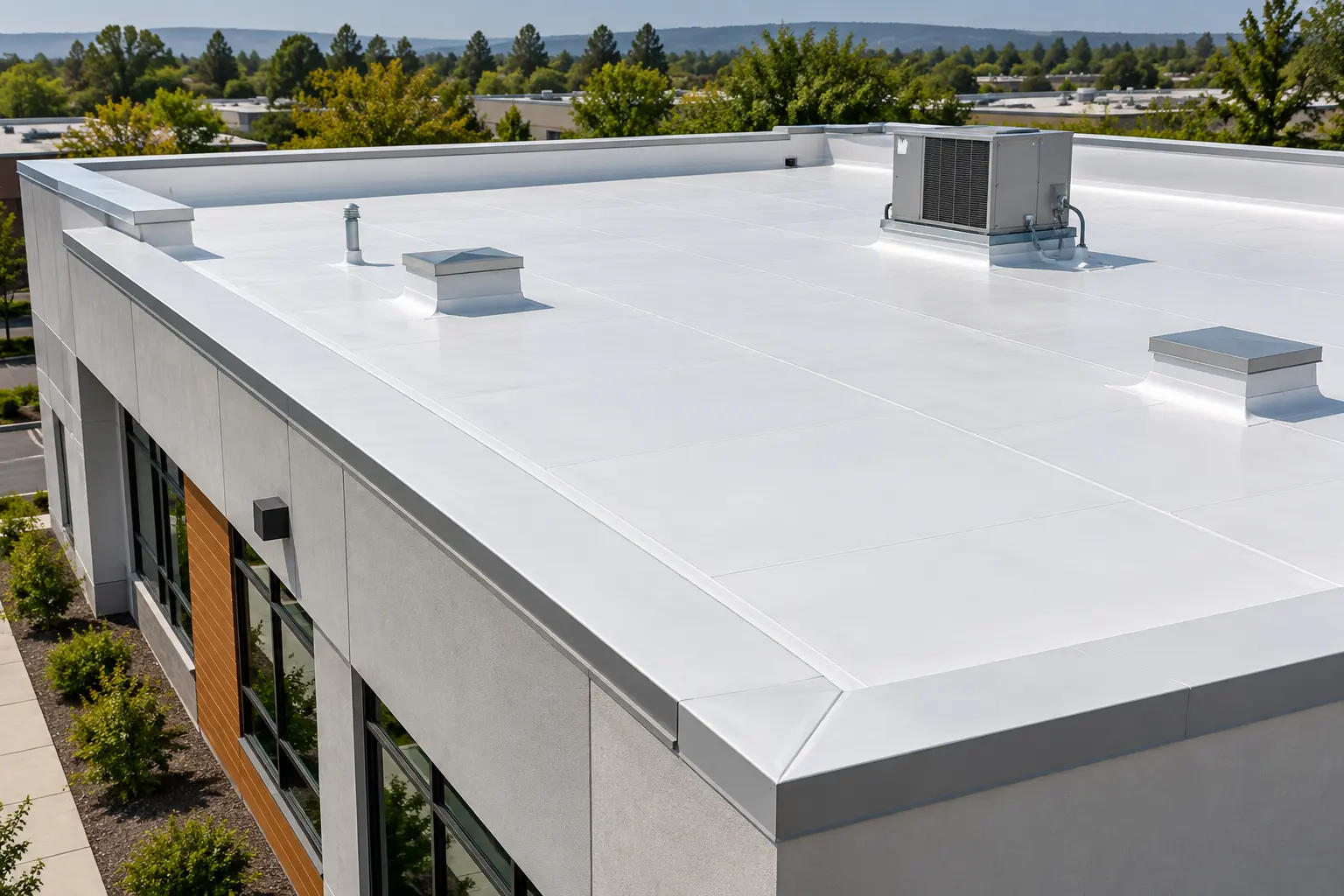 White TPO membrane roof on a commercial building