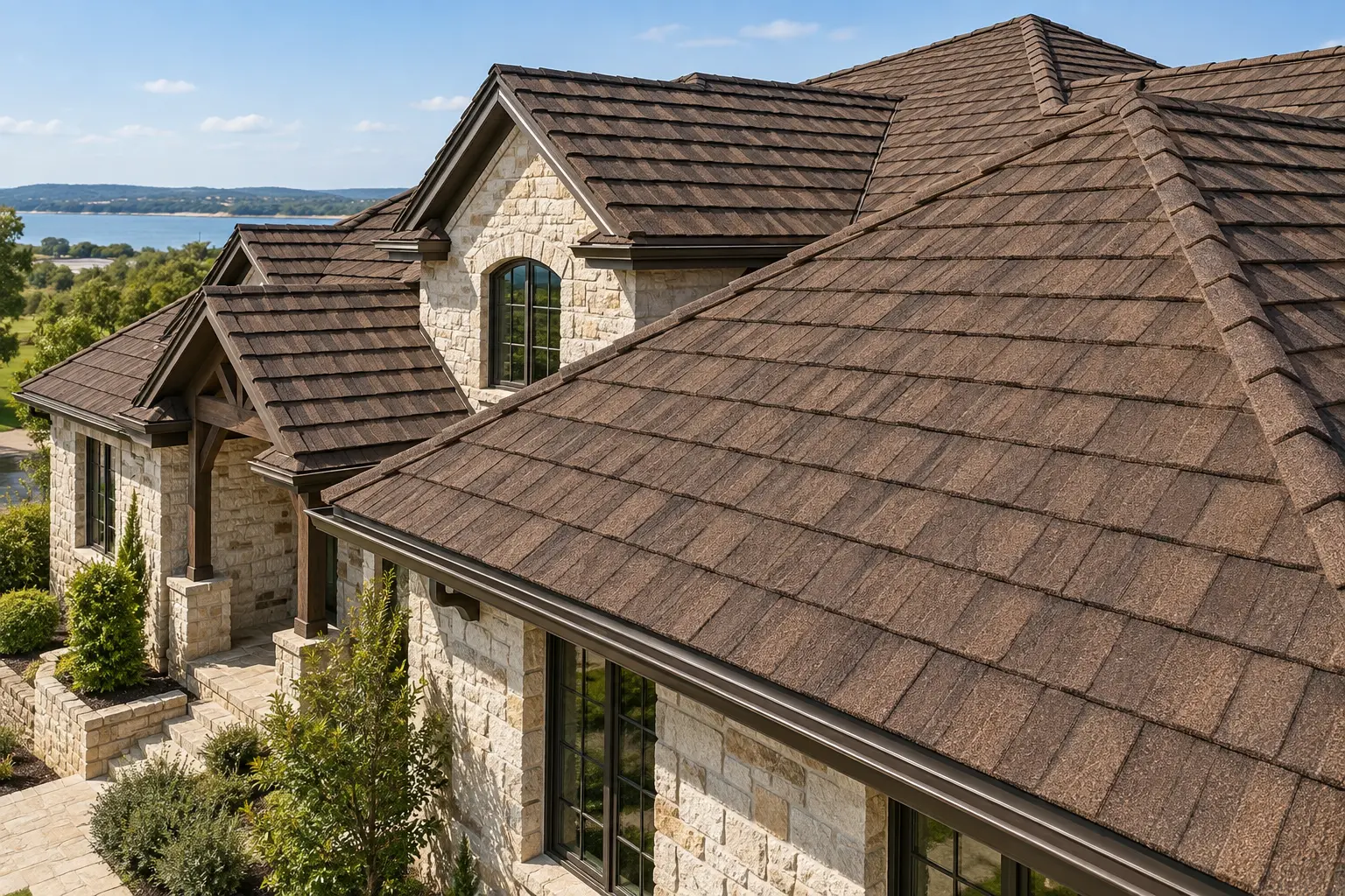 Brown stone-coated steel roofing with a shake-style profile