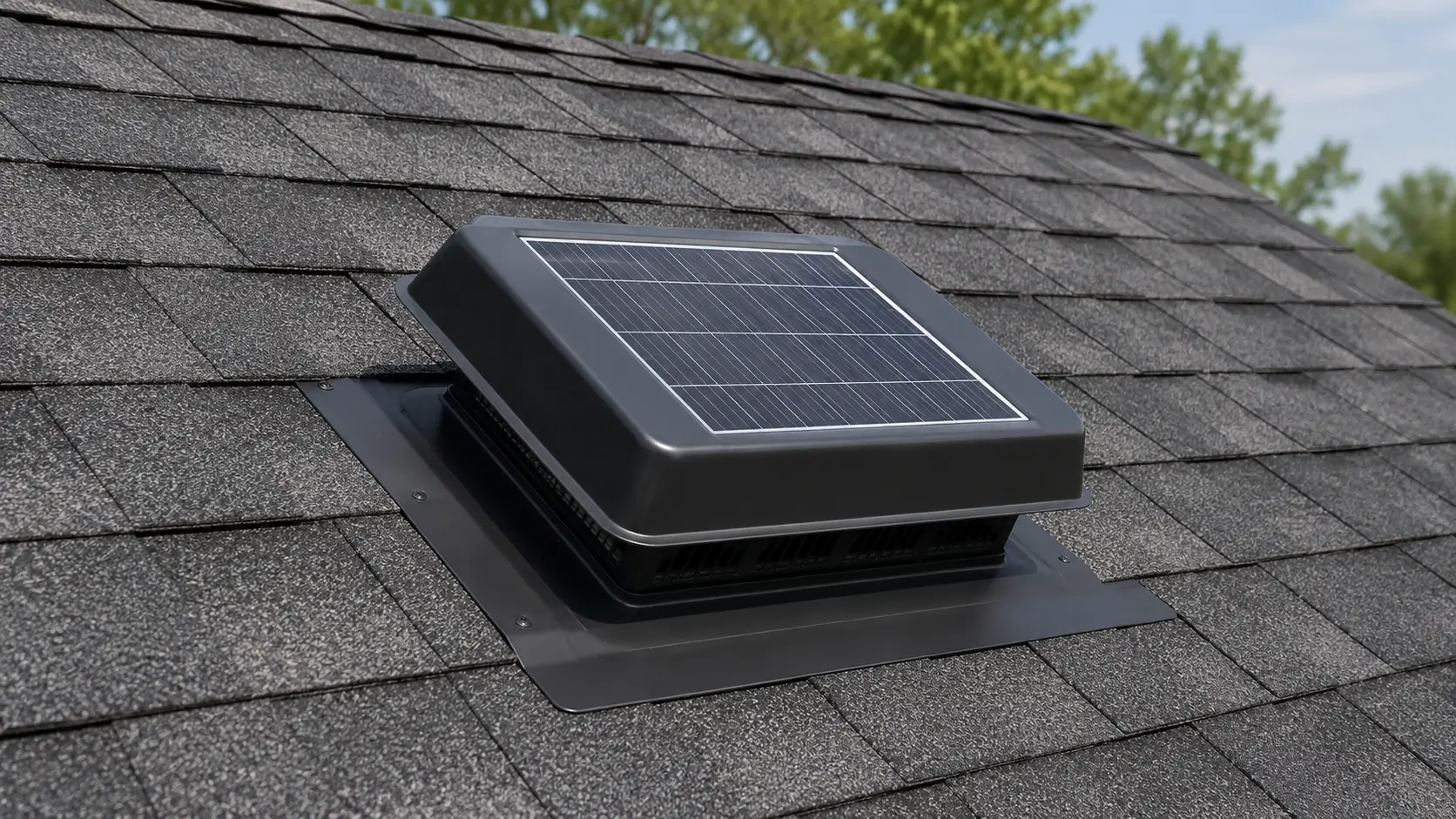 Solar-powered attic vent with an integrated solar panel on a shingle roof