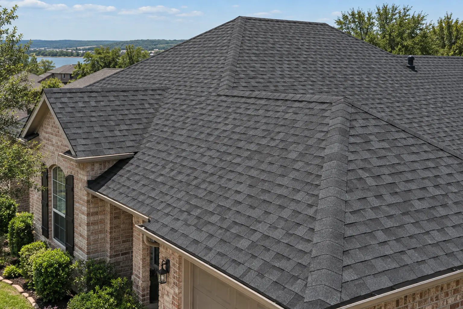 Charcoal architectural asphalt shingles on a brick North Texas home