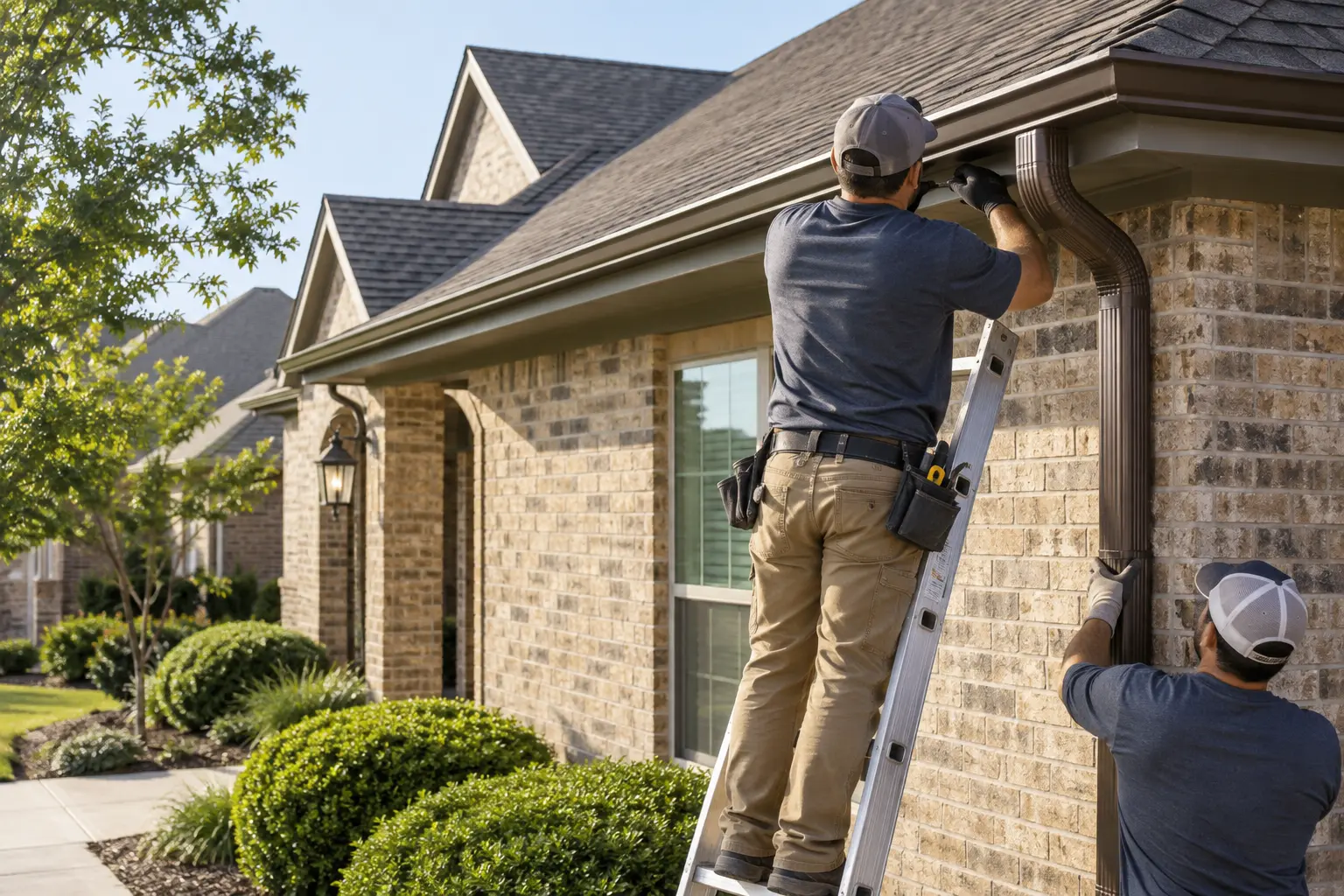 Two installers fastening a seamless gutter and downspout to the fascia of a brick home